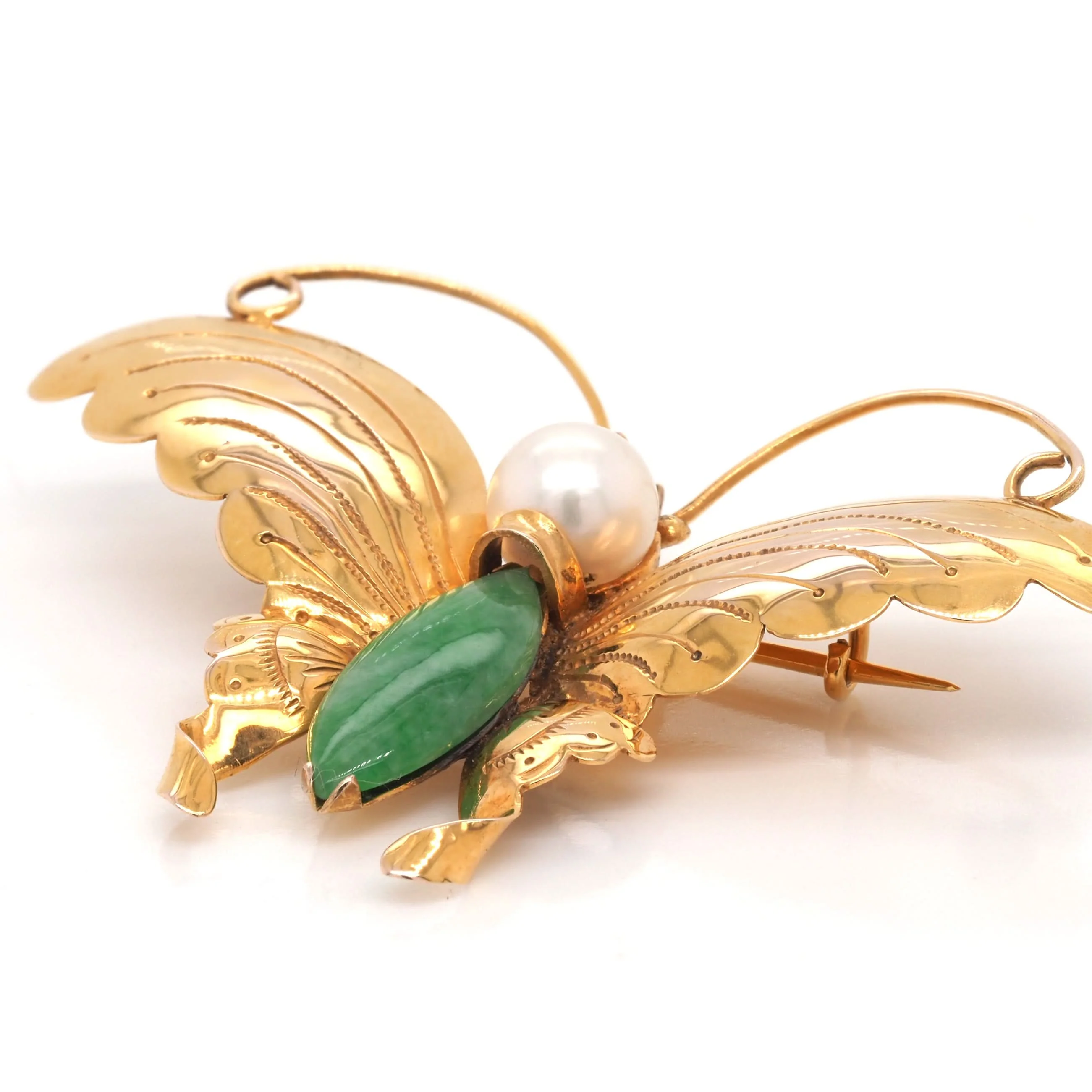 14ct Yellow Gold Jadeite and Pearl Butterfly Brooch - Image 2