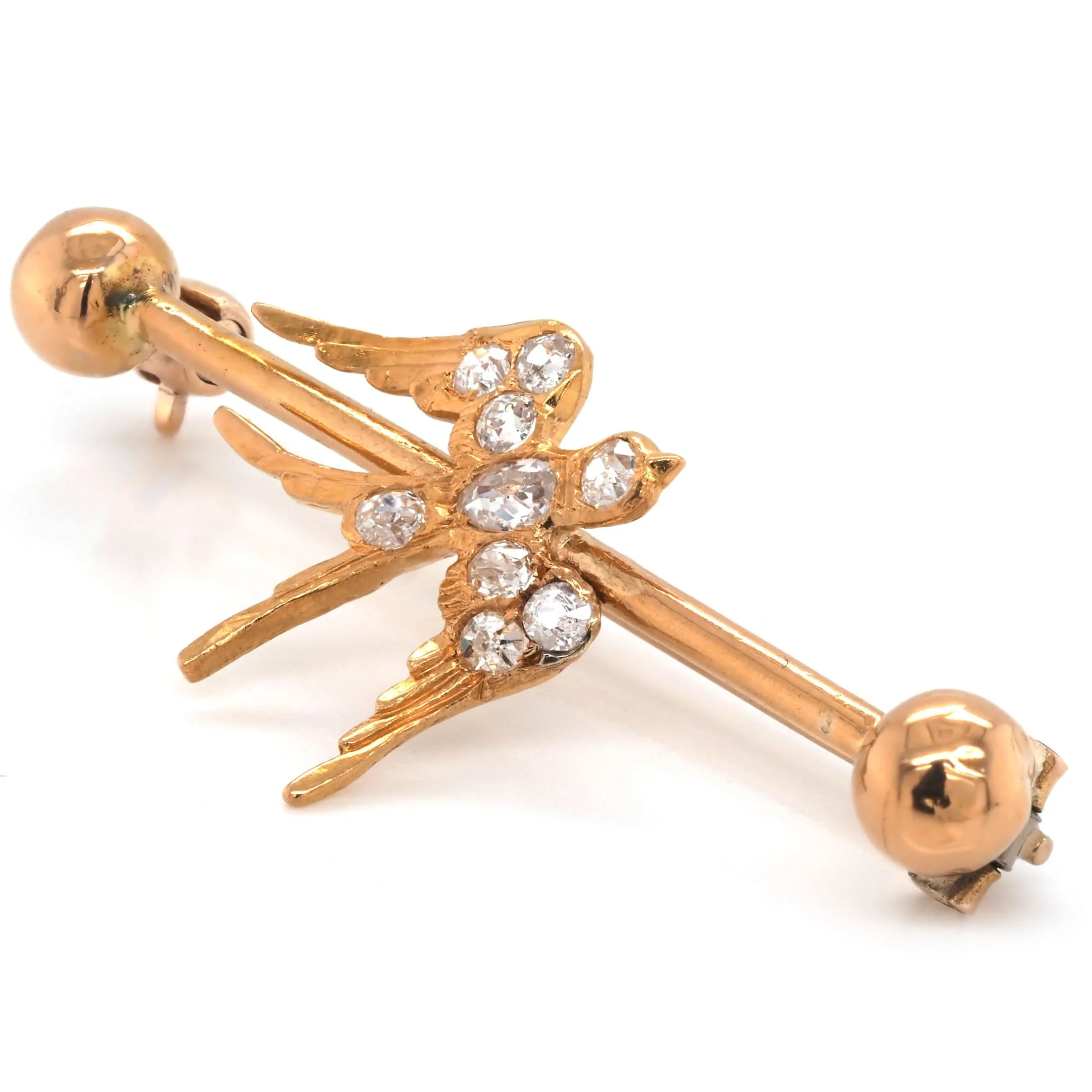 Edwardian 15ct Yellow Gold Diamond Swallow Bar Brooch - Image 2
