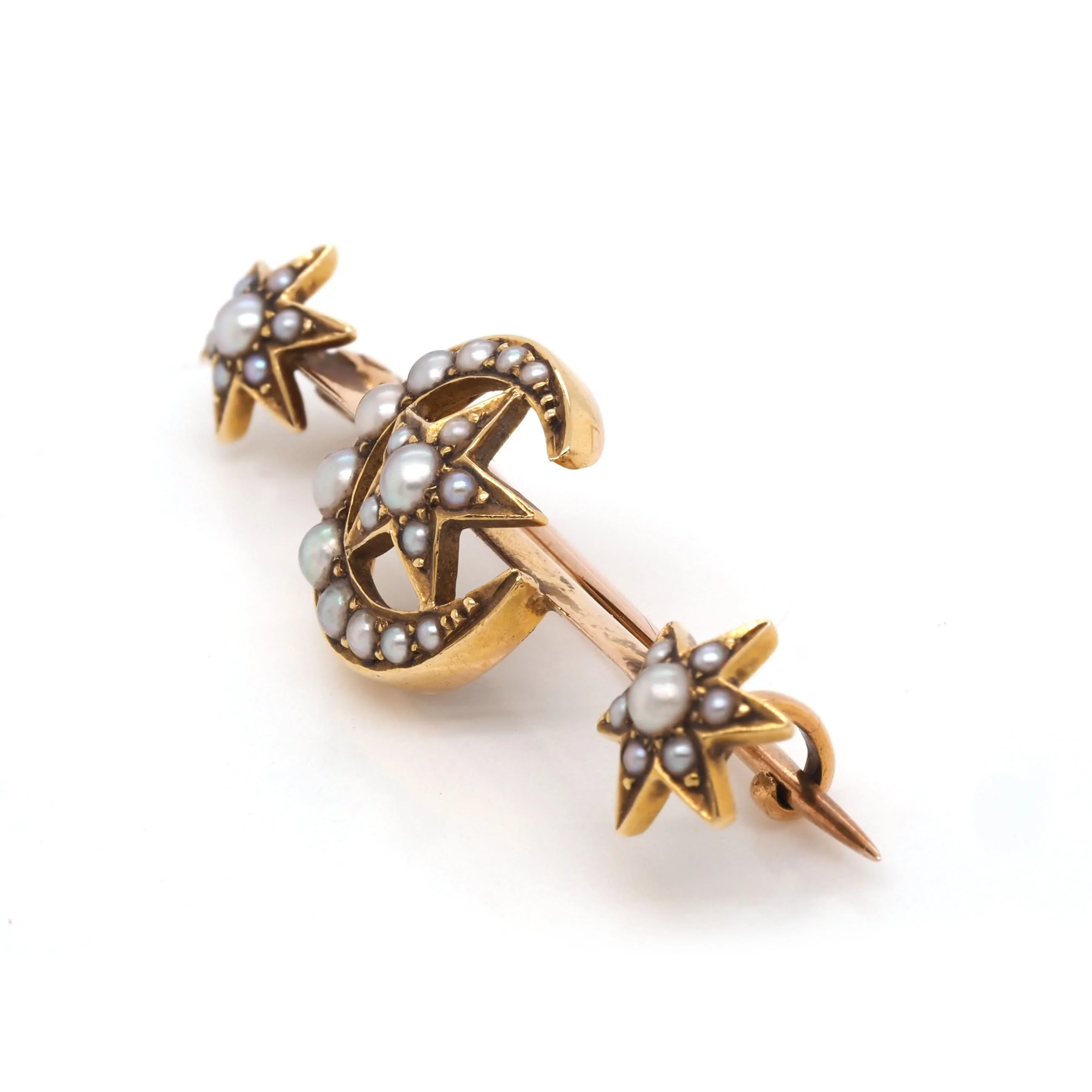 15ct Yellow Gold Pearl Crescent Moon and Stars Bar Brooch - Image 2