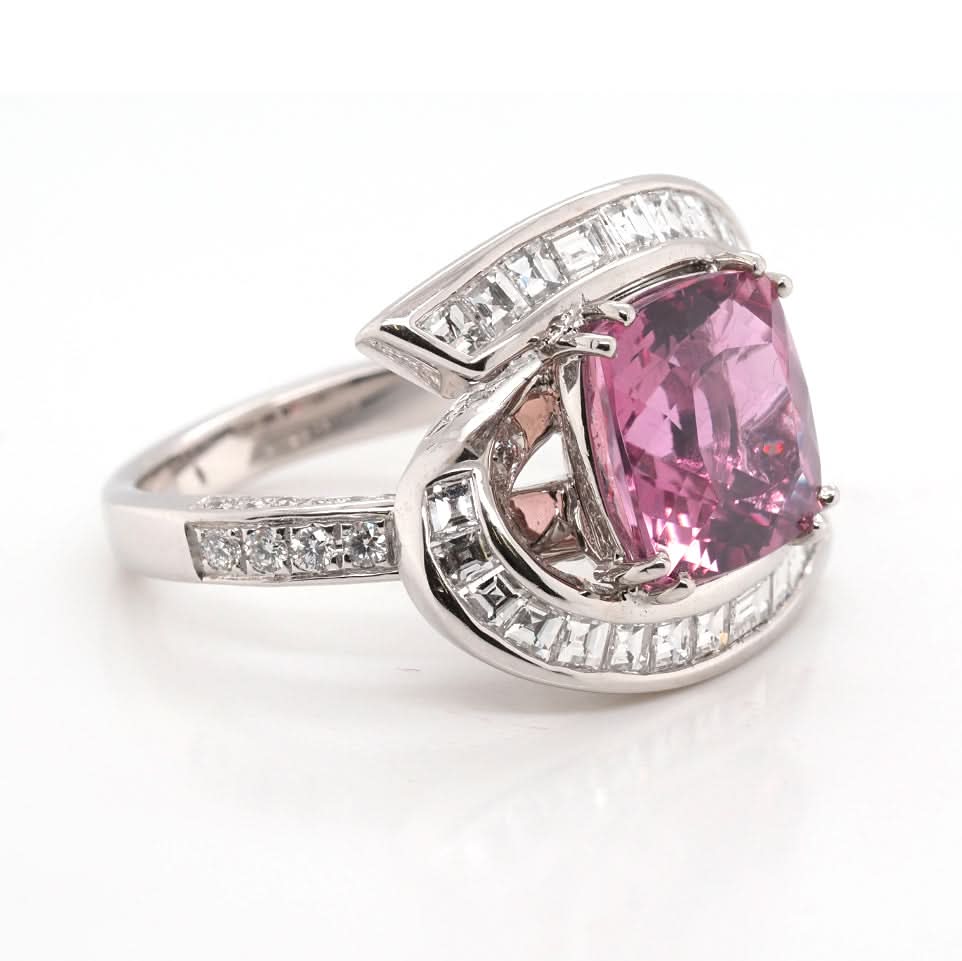 Platinum Single Stone Pink Tourmaline And Diamond Surround Cluster Ring - Image 2