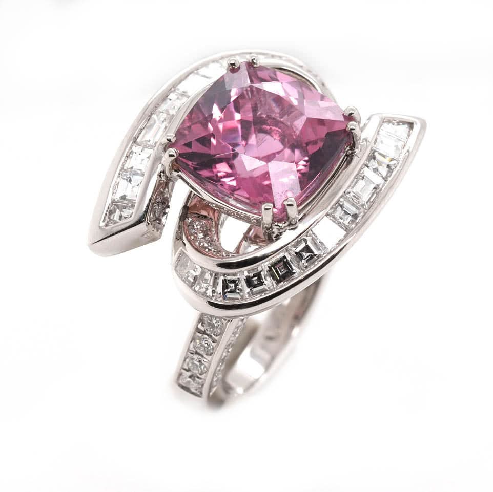 Platinum Single Stone Pink Tourmaline And Diamond Surround Cluster Ring - Image 3