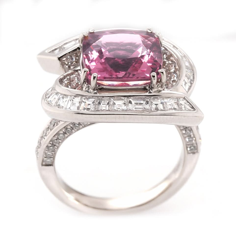 Platinum Single Stone Pink Tourmaline And Diamond Surround Cluster Ring - Image 4