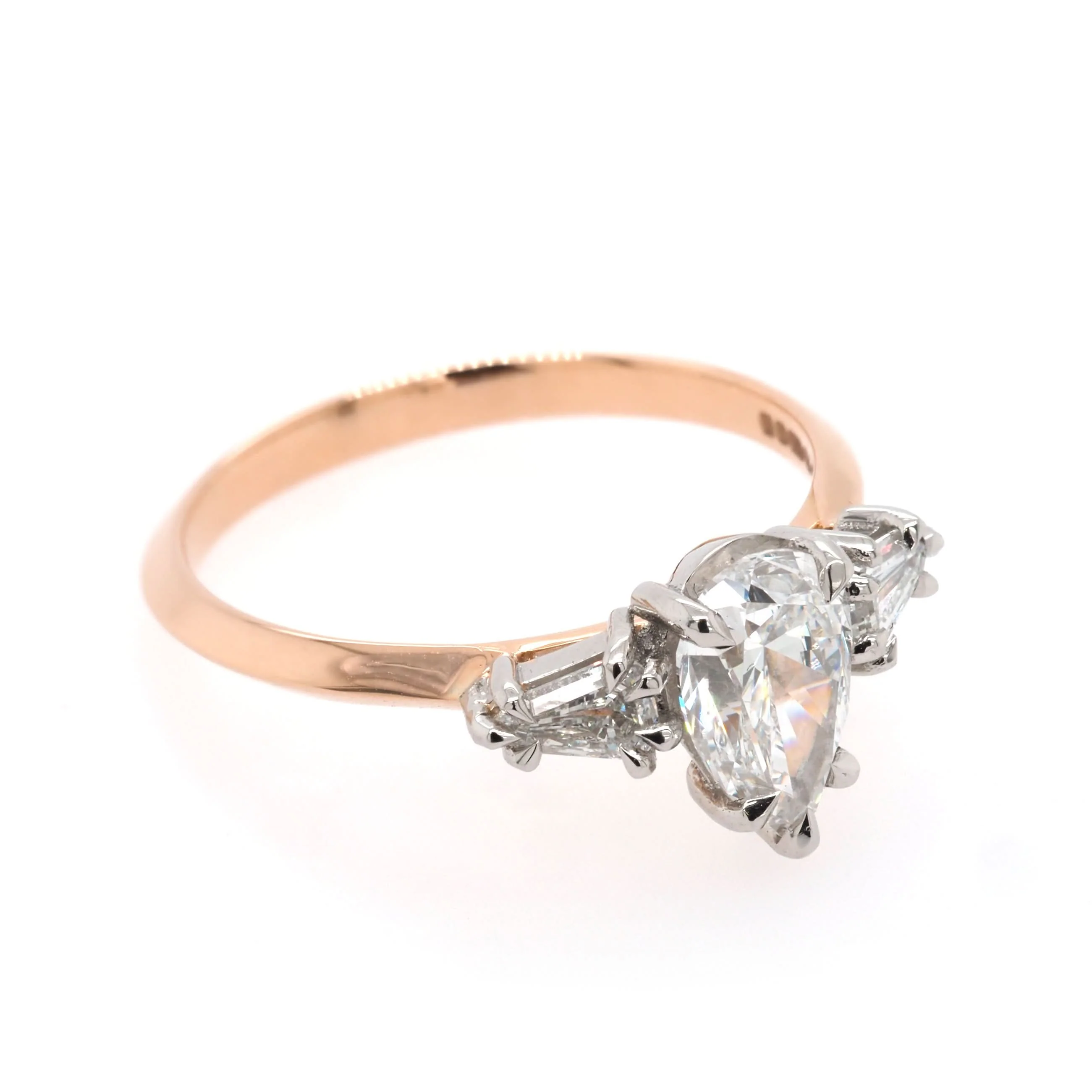 18ct Rose Gold Pear-Cut Diamond and Tapered Baguette Three-Stone Ring - Image 2