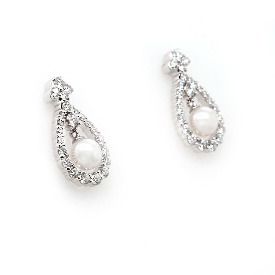 18ct White Gold Akoya Pearl and Diamond Surround Drop Earrings - Image 2