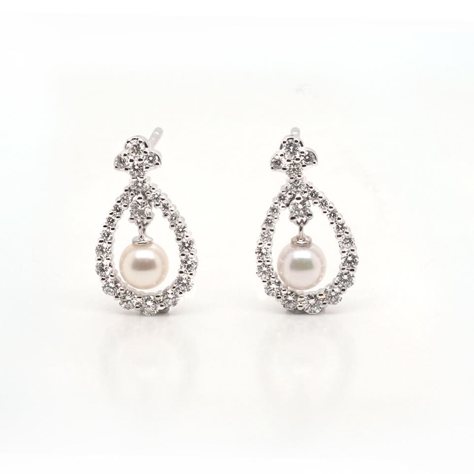 18ct White Gold Akoya Pearl and Diamond Surround Drop Earrings - Image 3