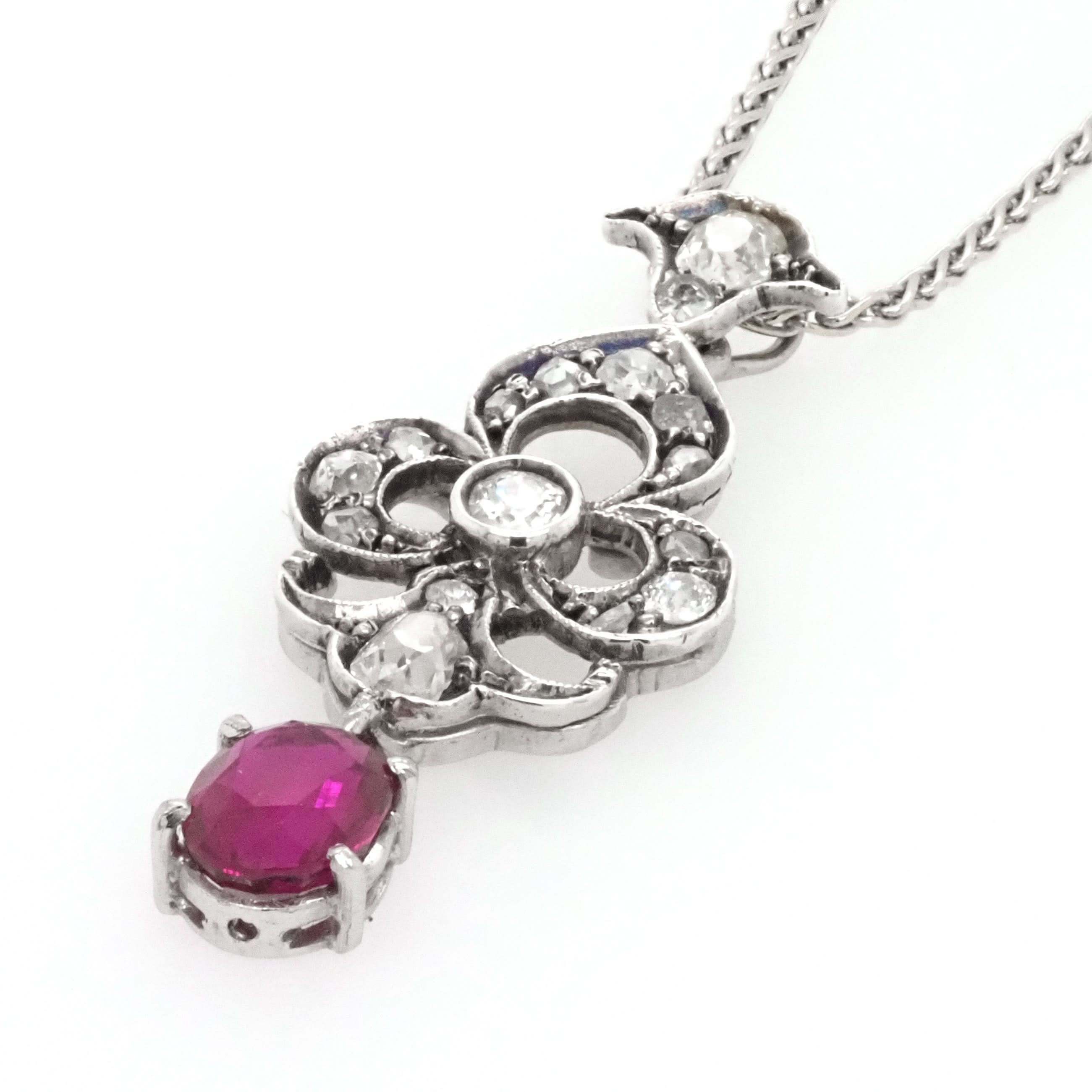 18ct White Gold and Silver Ornate Oval Ruby and Diamond-Set Pendant - Image 2