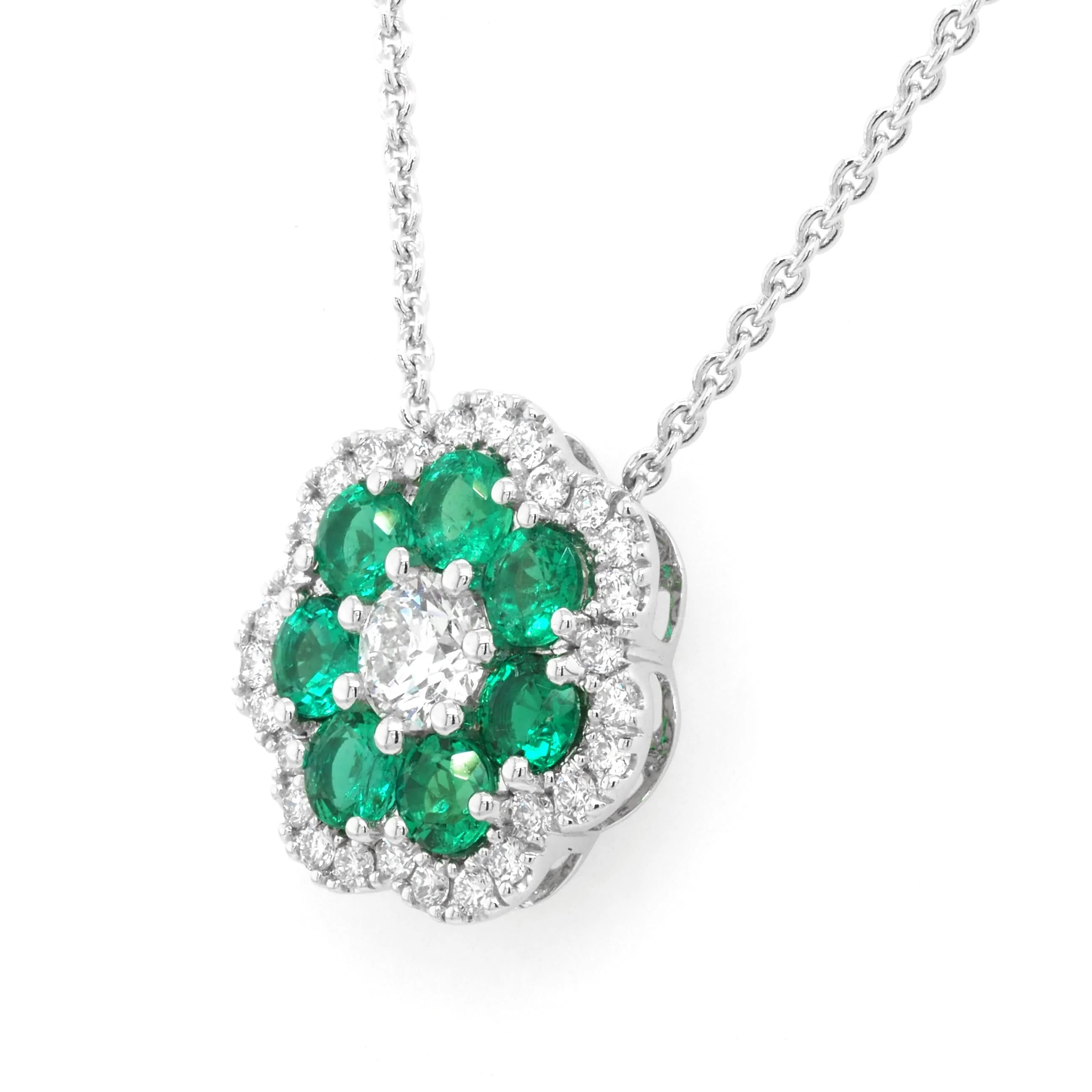 18ct White Gold Emerald and Diamond Floral Pendant - Image 2