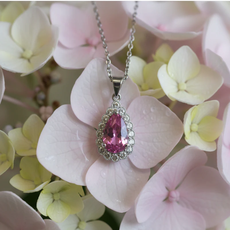 18ct White Gold Pear Cut Pink Sapphire Pendant Encased With Diamonds - Image 2