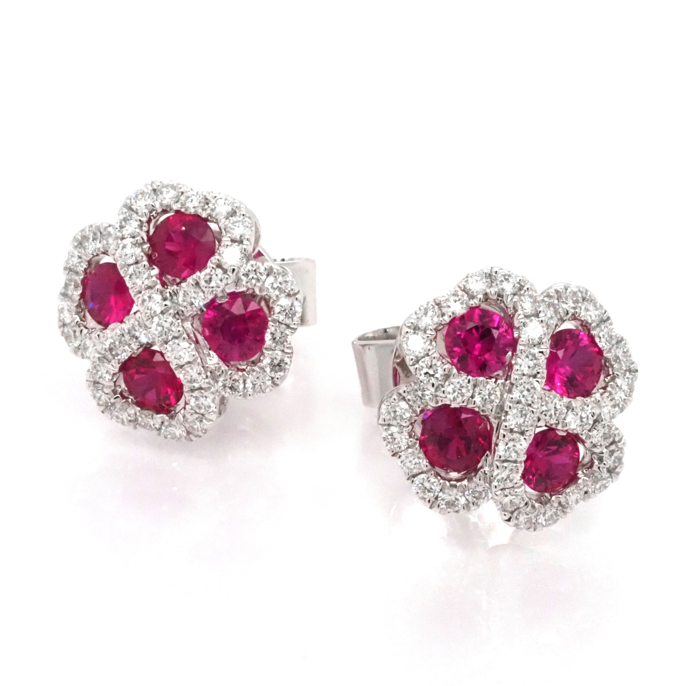 18ct White Gold Ruby and Diamond Cluster Earrings - Image 2