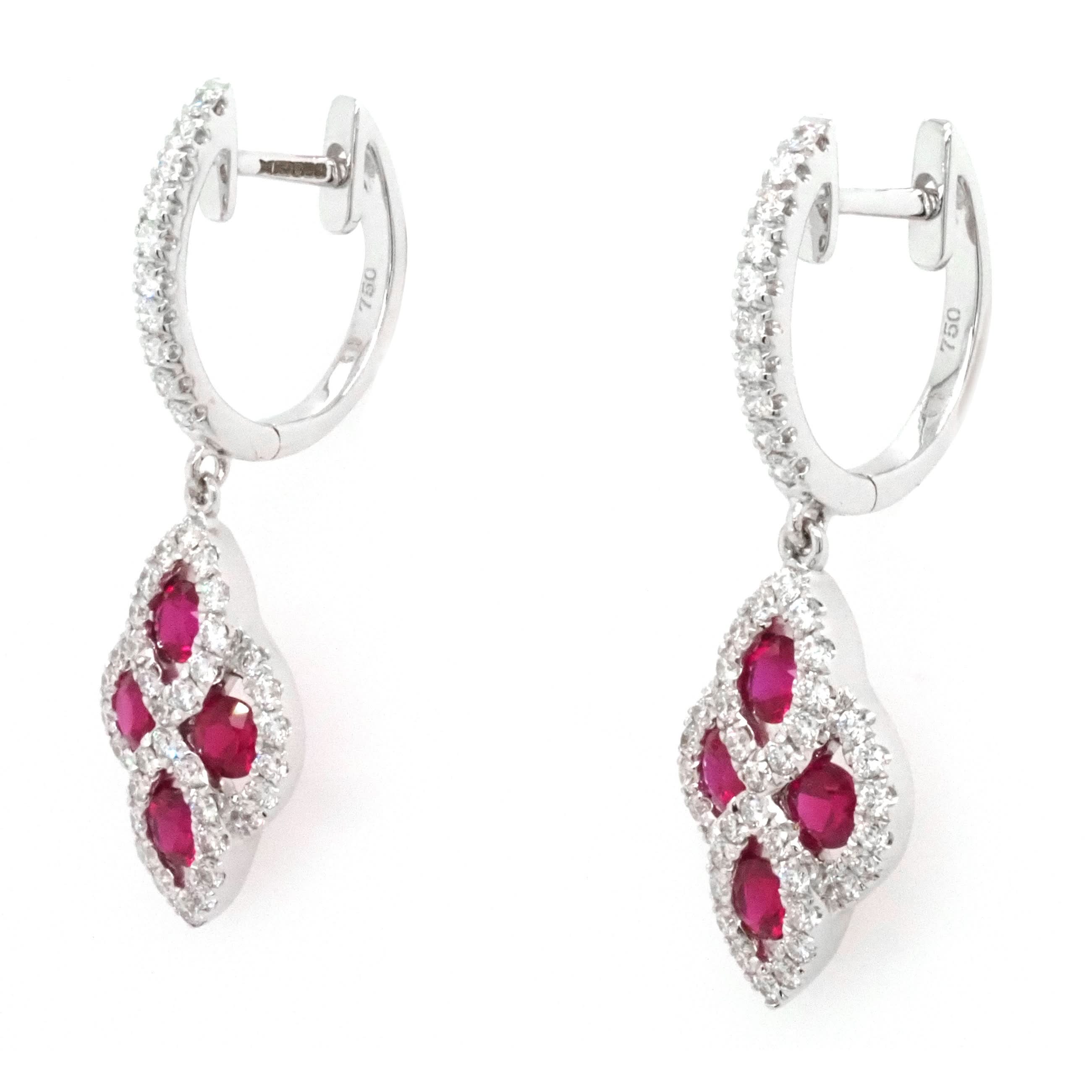 18ct White Gold Ruby and Diamond Hoop Drop Earrings - Image 2
