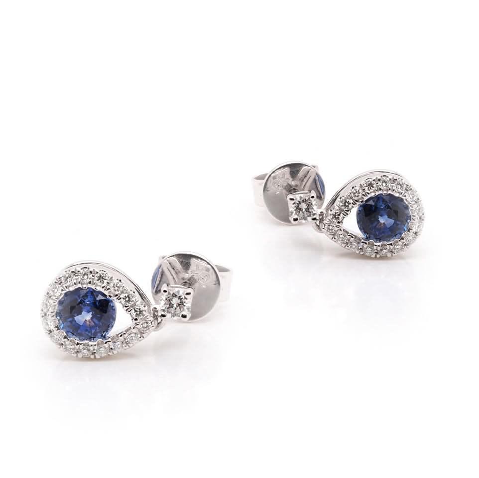 18ct White Gold Sapphire and Diamond Surround Pear-Shaped Drop Earrings - Image 2