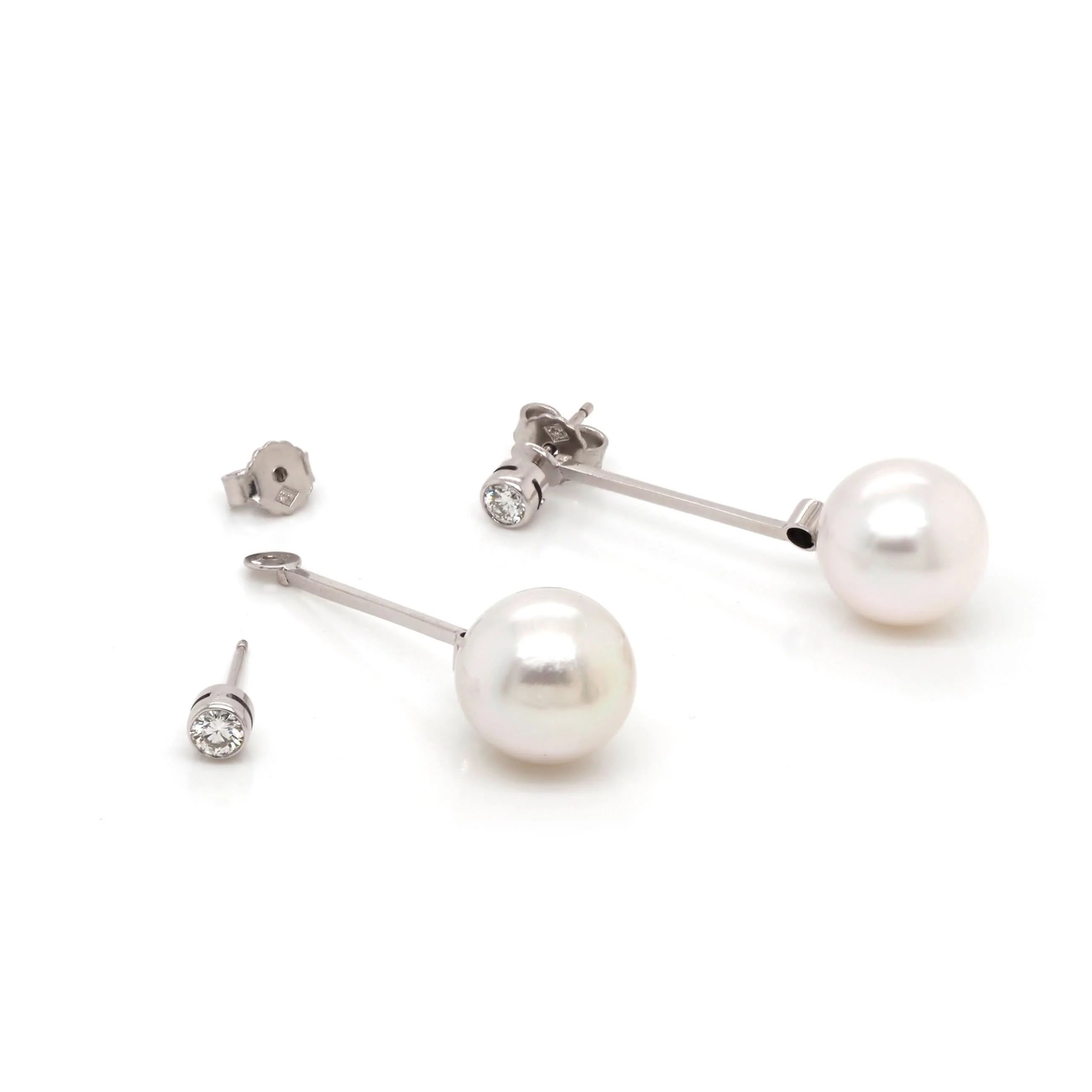 18ct White Gold South Sea Pearl and Diamond Stud Drop Bar Earrings - Image 3