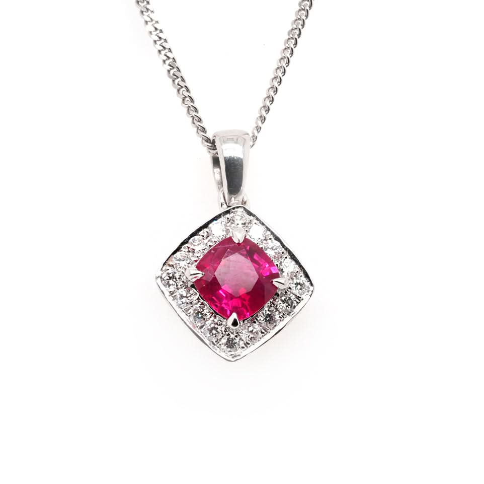 18ct White Gold Square Cushion-Cut Ruby and Diamond Pendant - Image 3