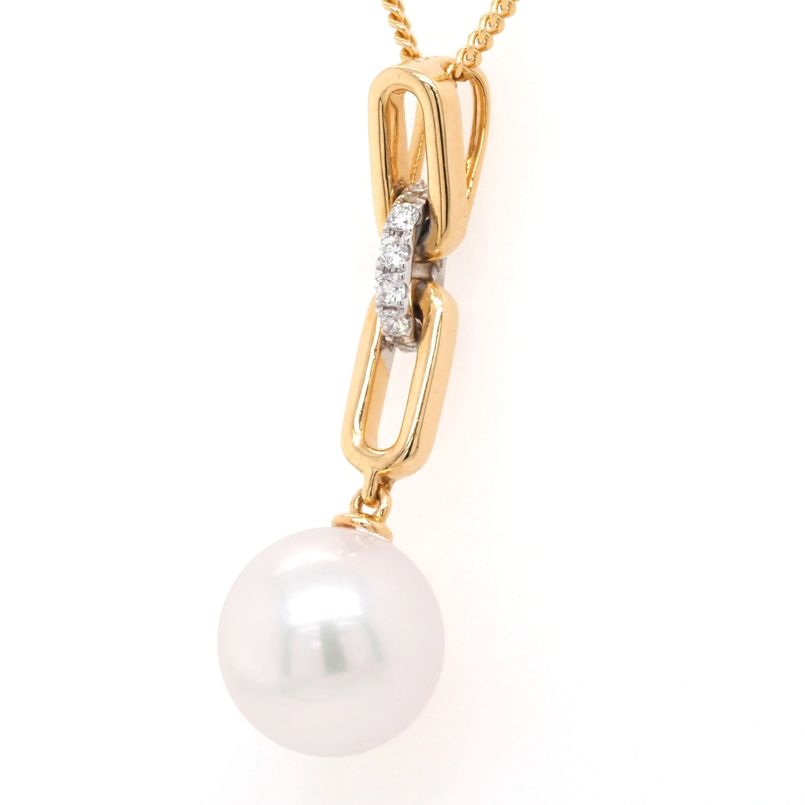 18ct Yellow Gold Akoya Pearl and Diamond Link Pendant - Image 2