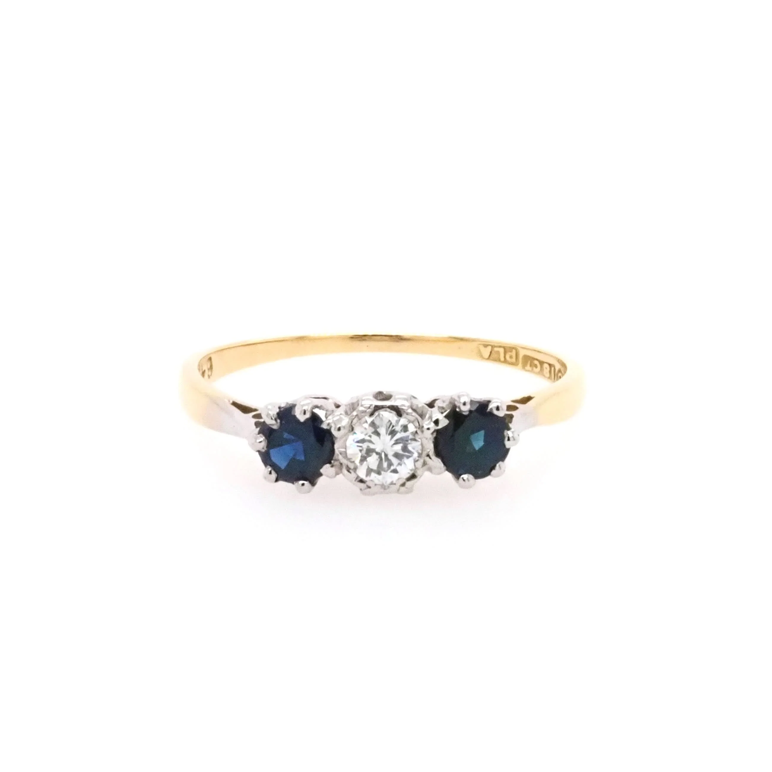 18ct Yellow Gold and Platinum Three-Stone Sapphire and Diamond Ring - Image 2