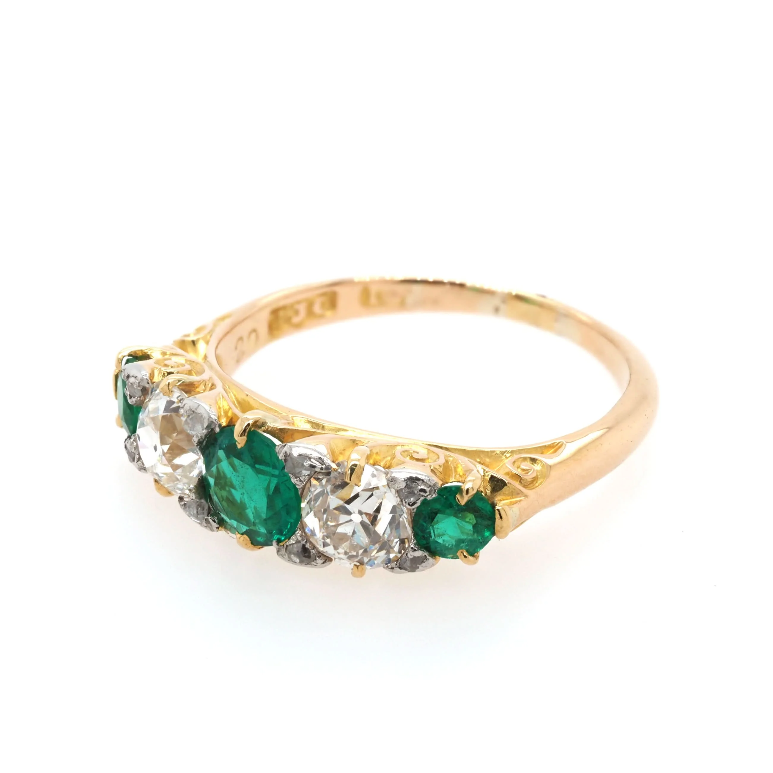 18ct Yellow Gold Emerald and Diamond Five-Stone Ring, c.1900 - Image 2