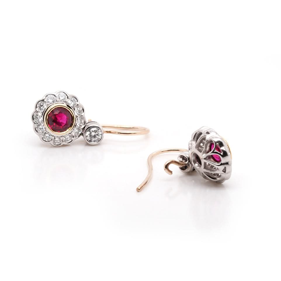 18ct Yellow Gold Ruby and Diamond Cluster Drop Earrings - Image 3