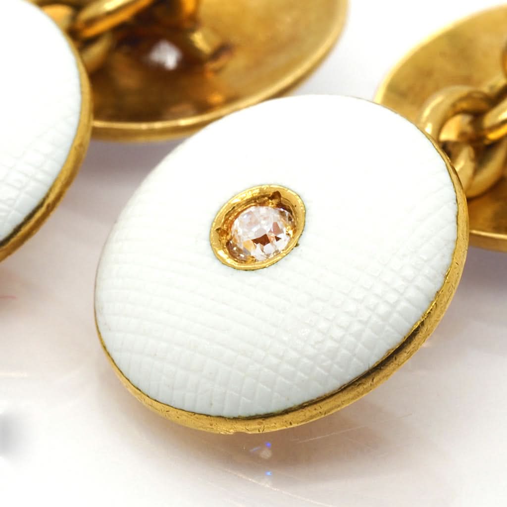 18ct Yellow Gold White Enamel Chain Cufflinks Set with Diamonds, c.1930 - Image 2