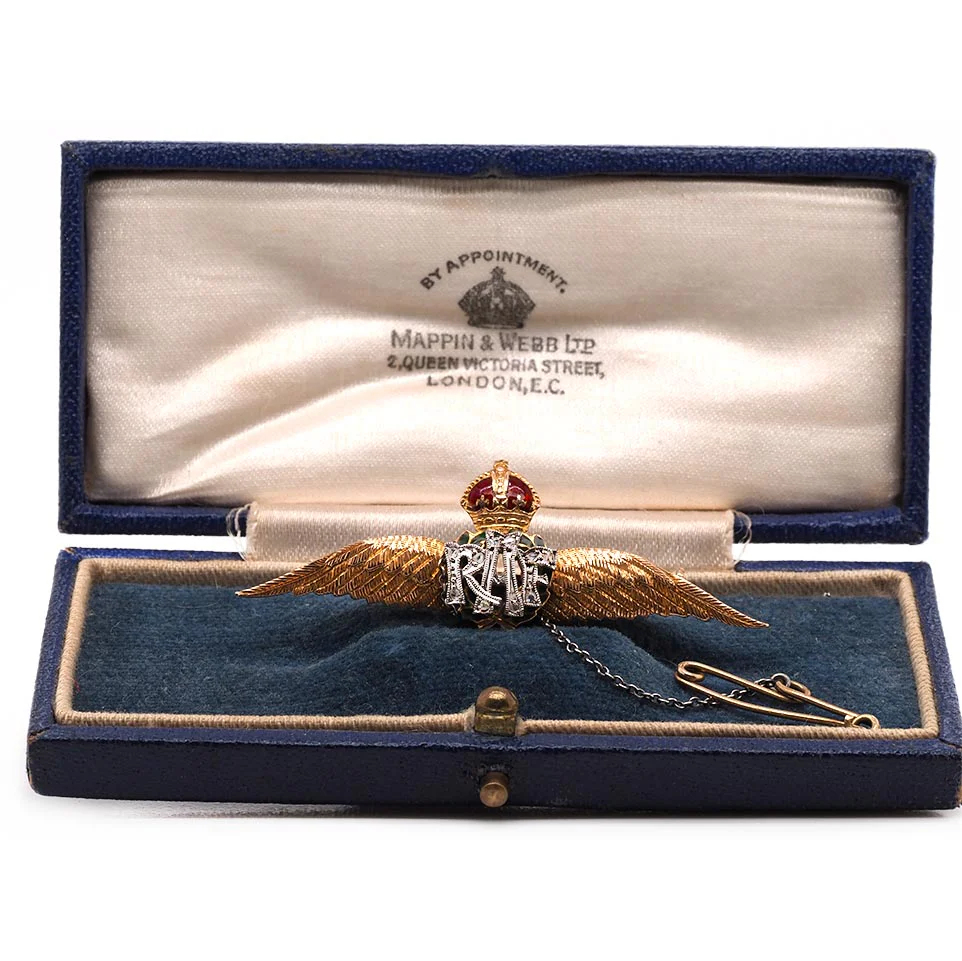 9ct Yellow Gold RAF Brooch – Diamond and Enamel Detail with Safety Chain - Image 2