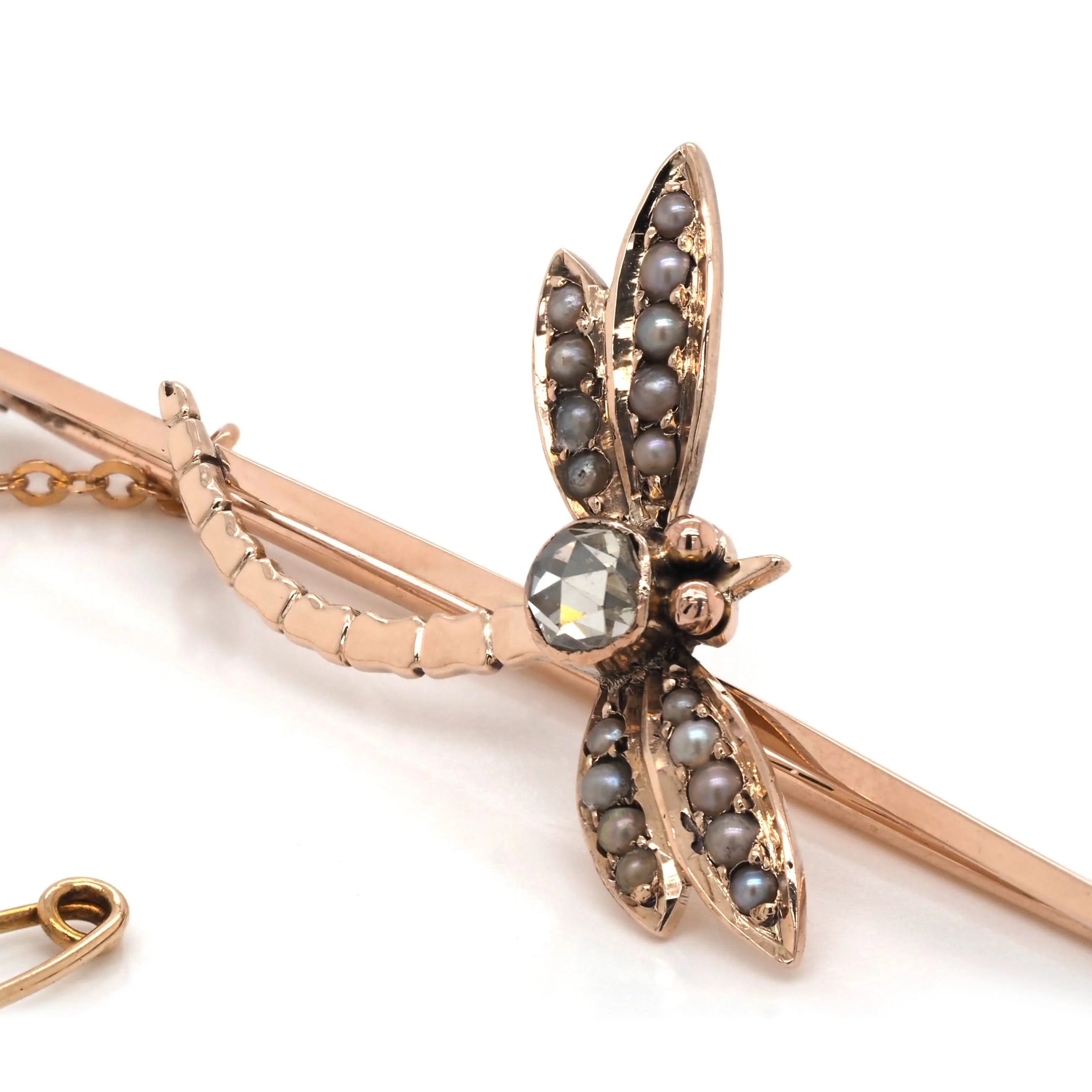 9ct Yellow Gold Rose-Cut Diamond and Pearl-Set Dragonfly Bar Brooch - Image 2