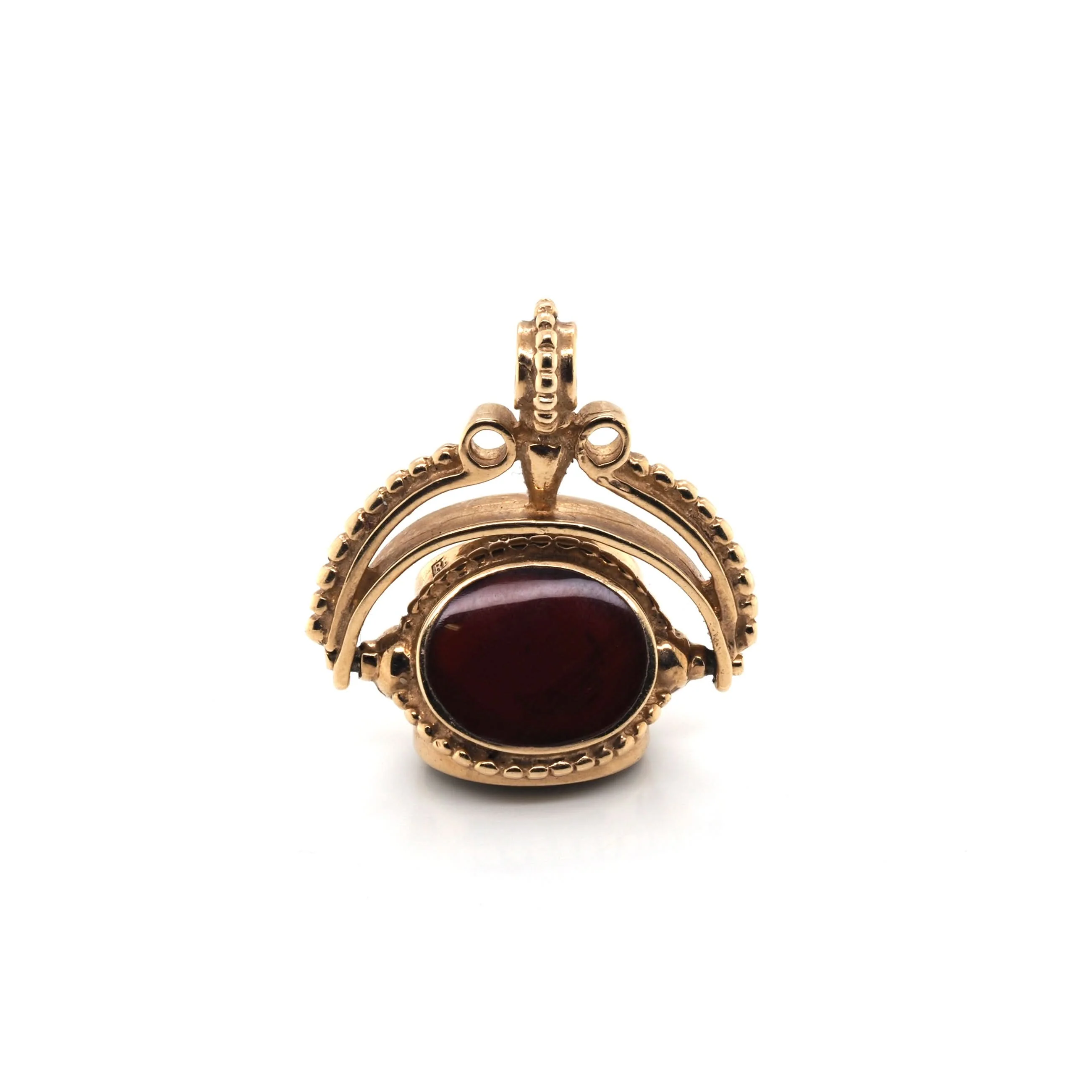 9ct Yellow Gold Three-Stone Onyx, Carnelian, and Tiger Eye Swivel Fob, c.1982 - Image 2