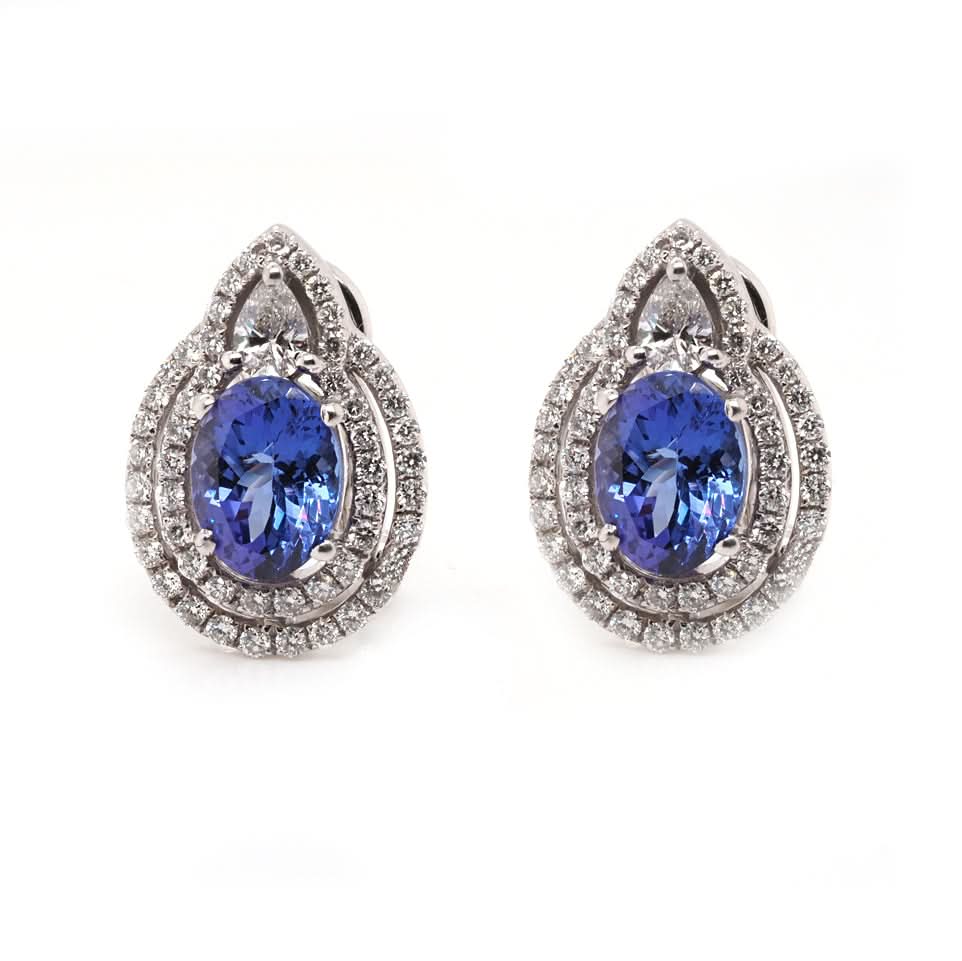 18ct White Gold Pear-Shaped Tanzanite and Diamond Cluster Earrings - Image 2