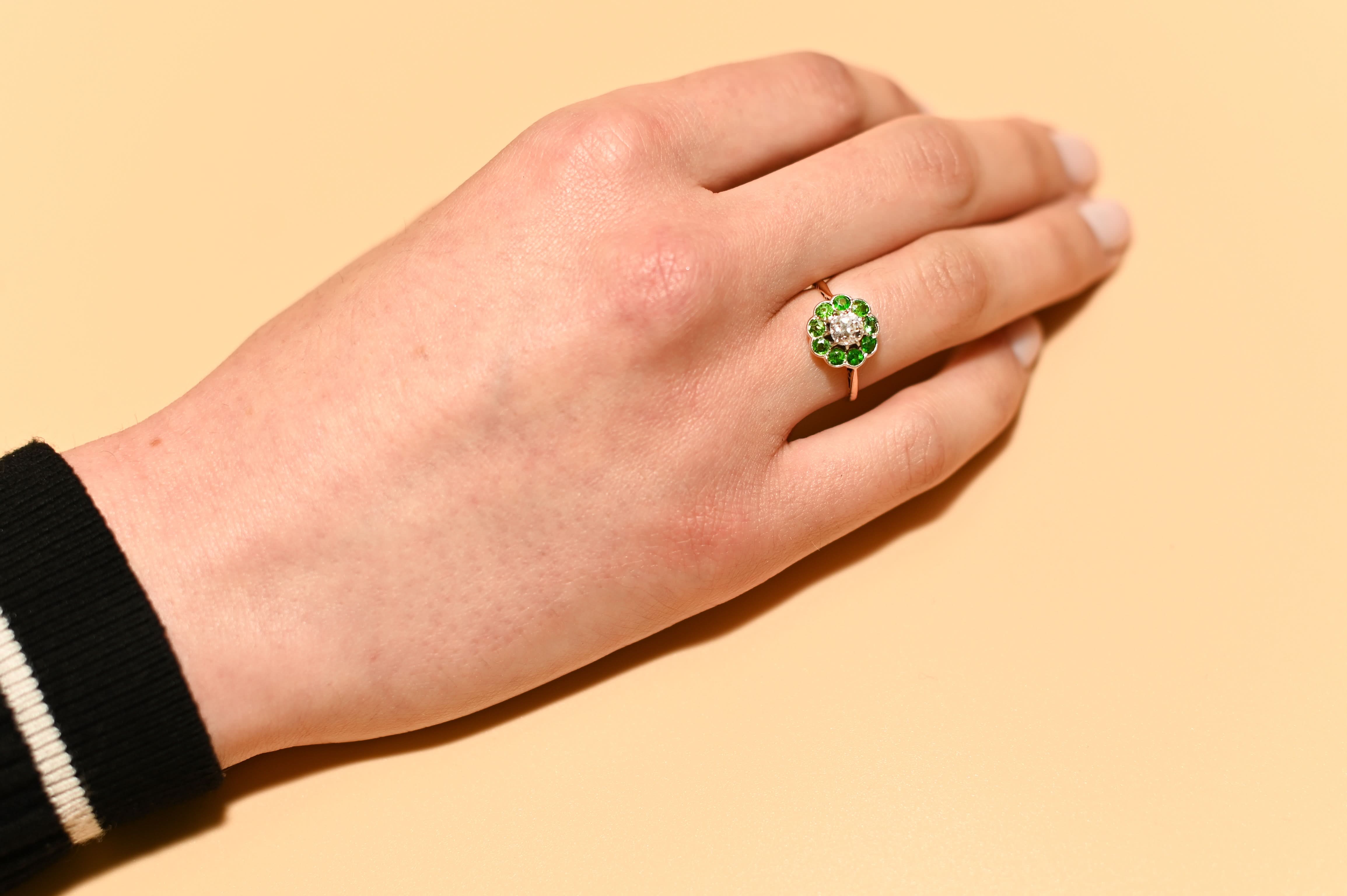 Antique Demantoid Garnet and Old Cut Diamond Cluster Ring – Circa 1910 - Image 2