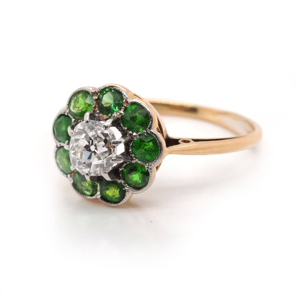 Antique Demantoid Garnet and Old Cut Diamond Cluster Ring – Circa 1910 - Image 3