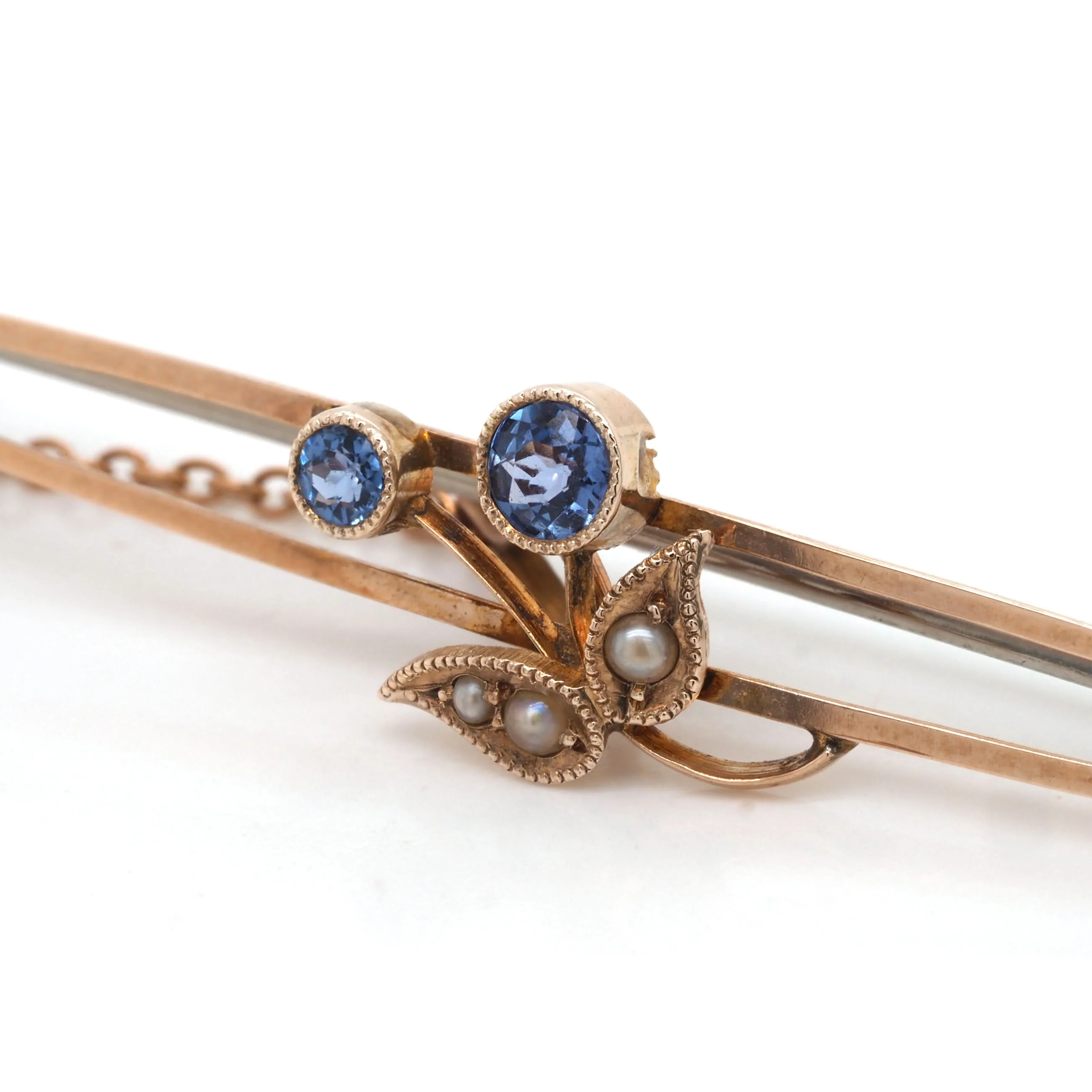 Edwardian 15ct Yellow Gold Sapphire and Pearl Bar Brooch - Image 2