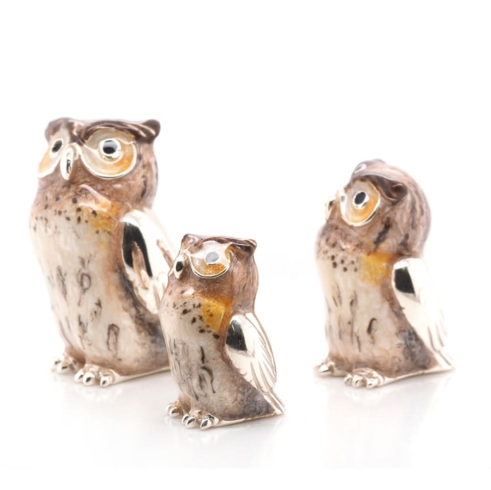 Family of Silver and Enamel Tawny Owls - Image 3