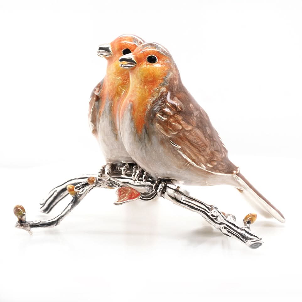 Handcrafted Silver and Enamel Robin Pair on Branch - Image 2
