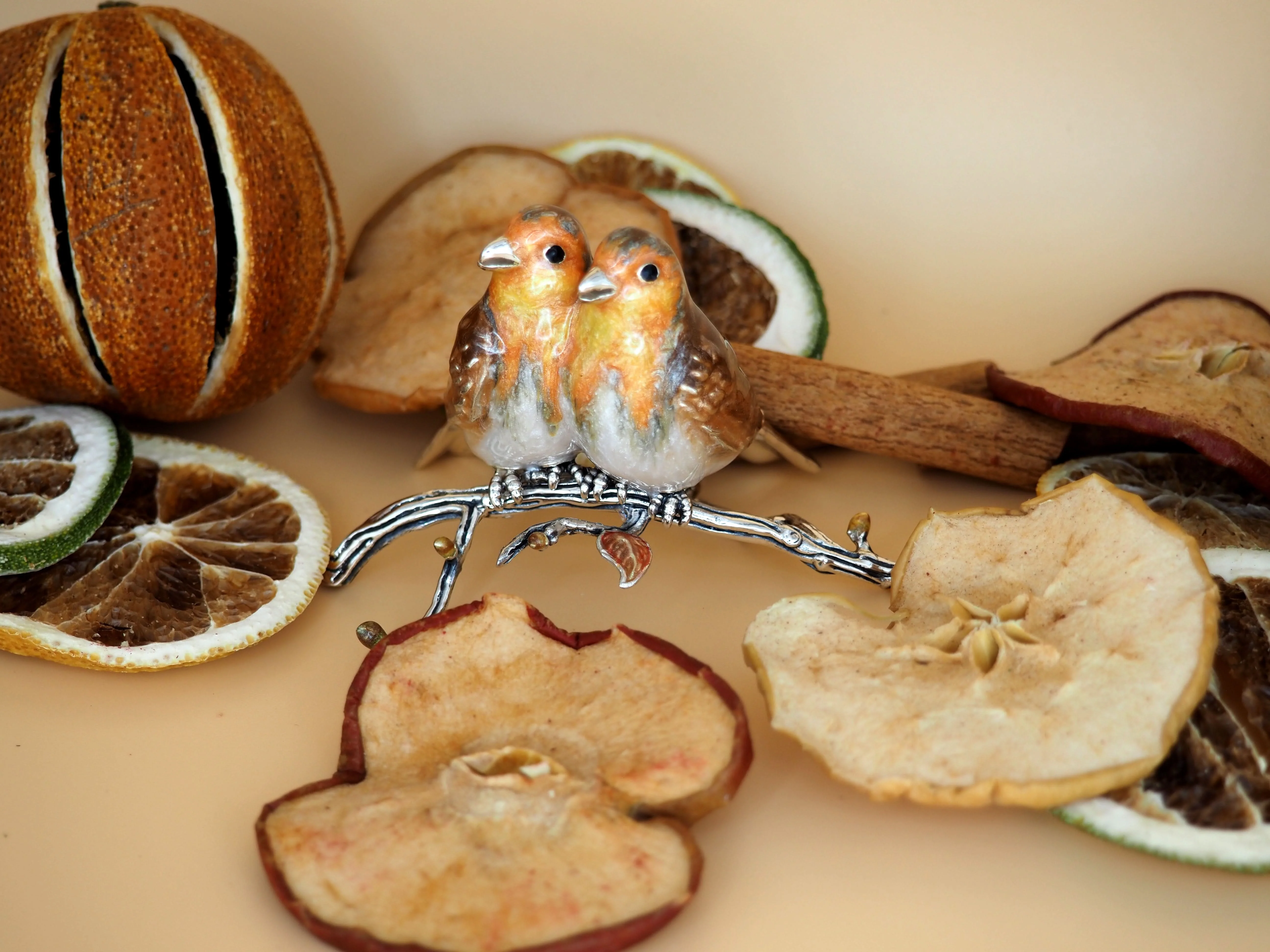 Handcrafted Silver and Enamel Robin Pair on Branch - Image 3