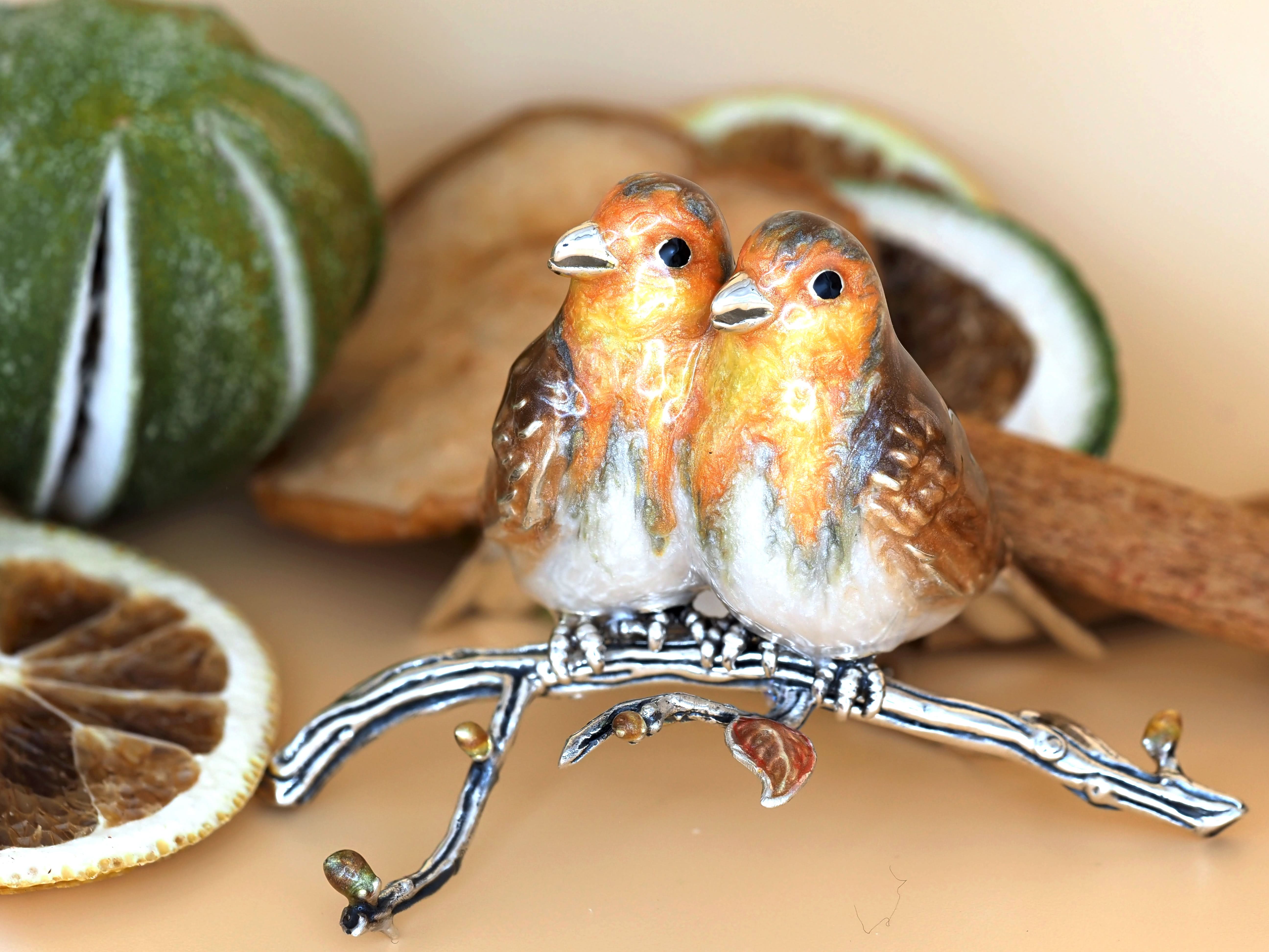 Handcrafted Silver and Enamel Robin Pair on Branch - Image 4