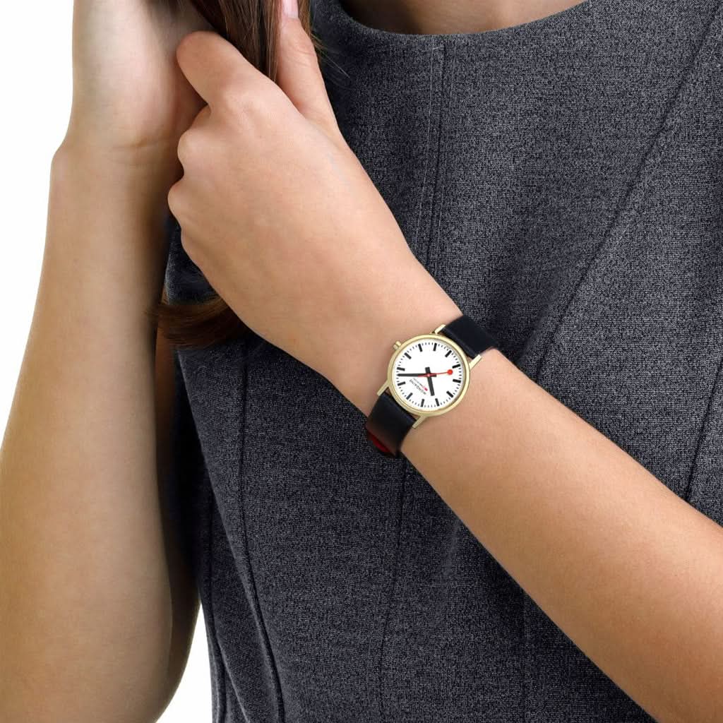 Mondaine Classic Black Vegan Grape Leather Strap Gold Case Watch A658.30323.10SBBV - Image 2