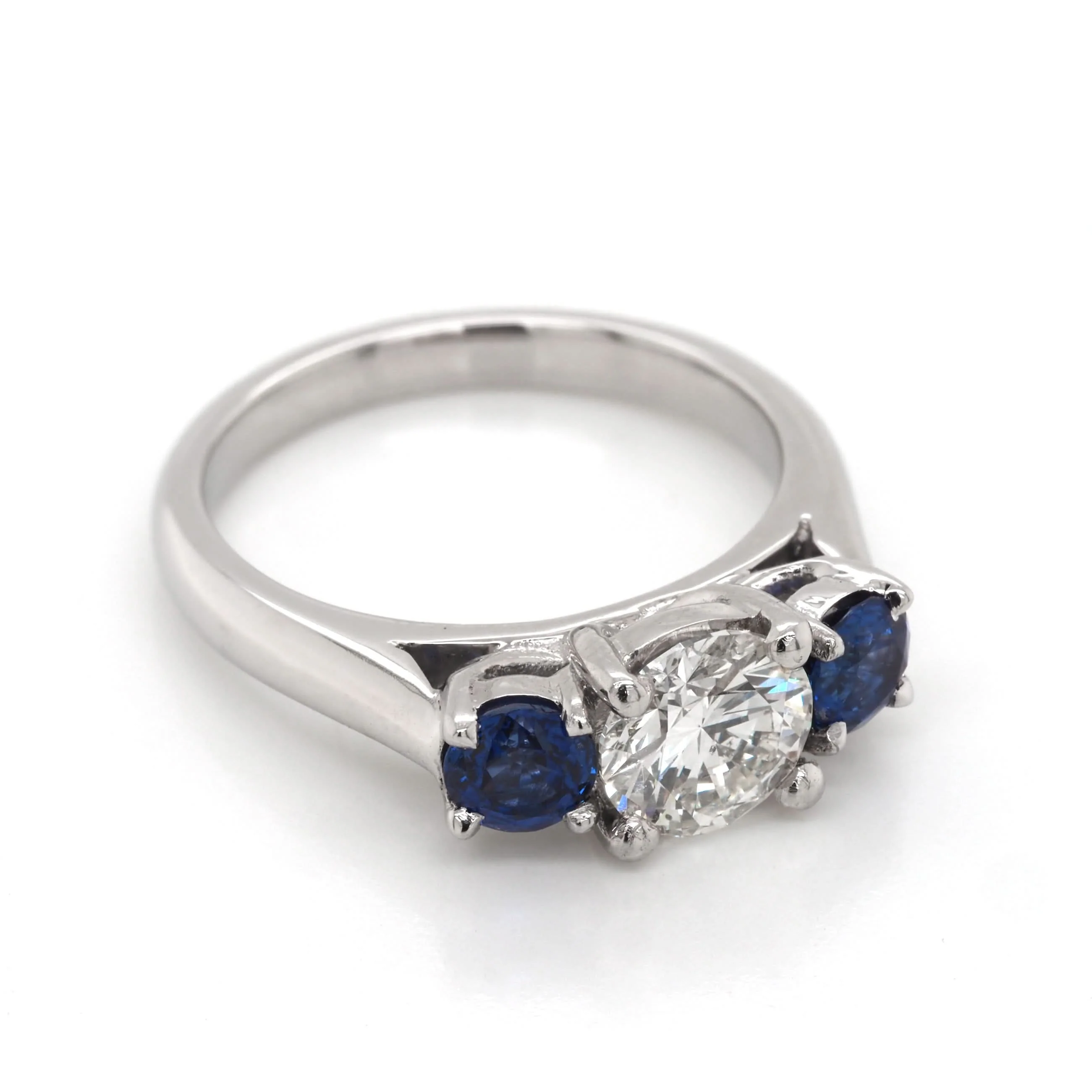 Platinum Diamond and Sapphire Three-Stone Ring - Image 2