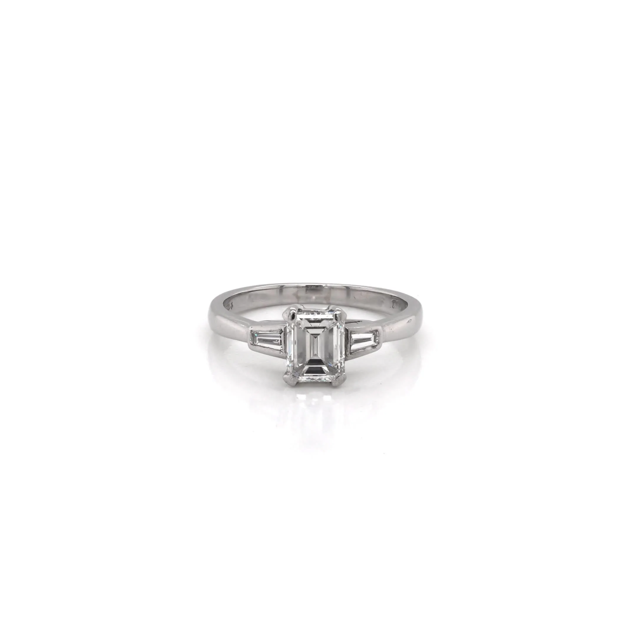 Platinum Emerald-Cut and Baguette-Cut Diamond Three-Stone Ring - Image 2