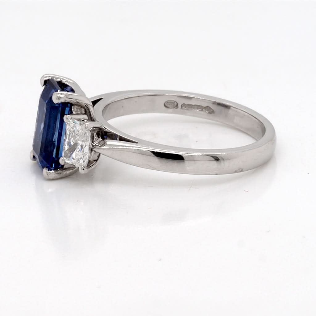 Platinum Emerald-Cut Sapphire and Diamond Three-Stone Ring - Image 2
