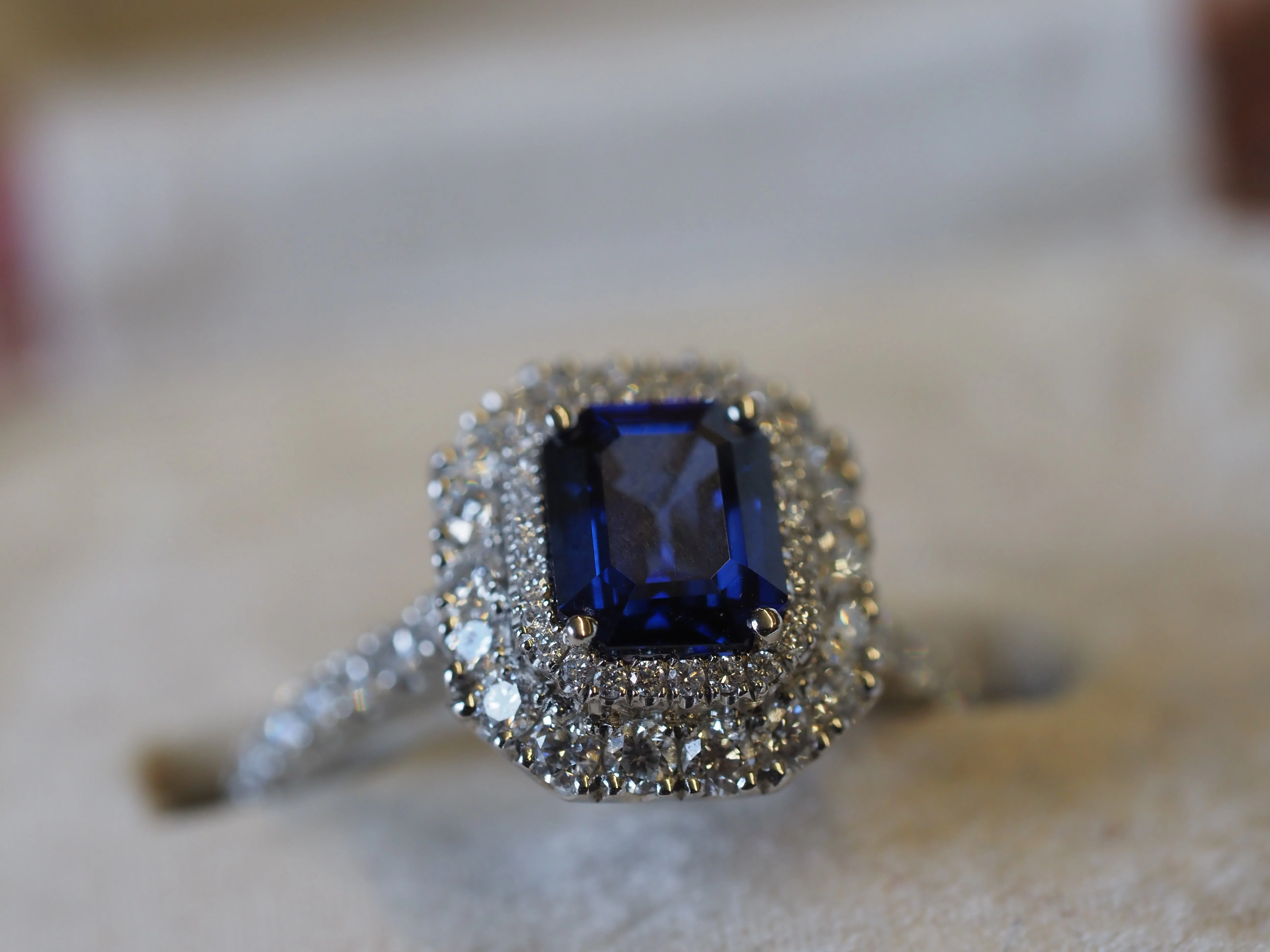 Platinum Sapphire and Diamond Double-Halo Ring - Image 7