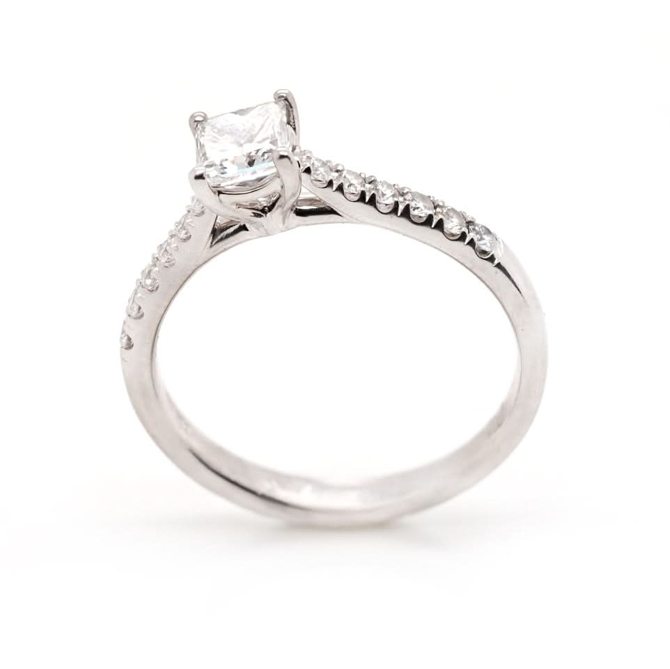 Platinum Claw Set Square Diamond Solitaire Ring with Diamond Set Shoulders - Image 2