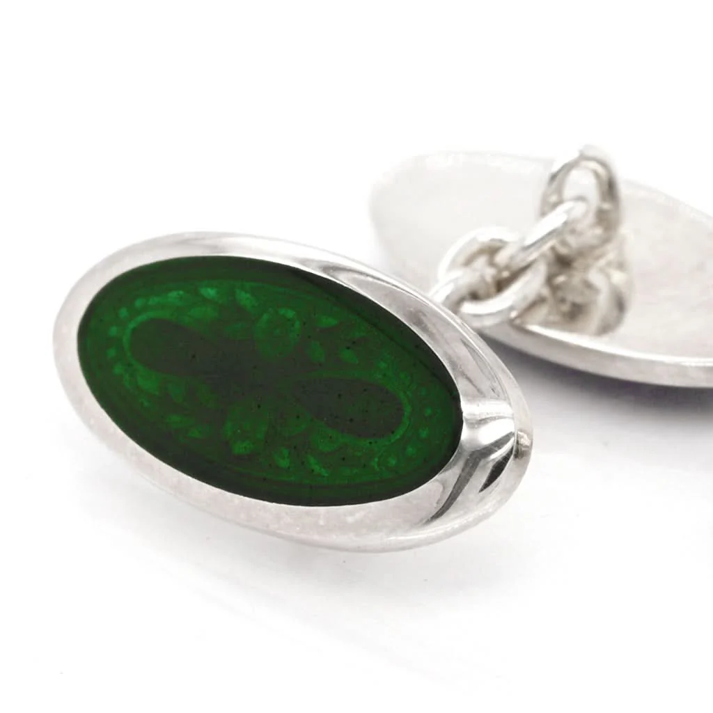 Silver and Enamel Oval Dark Green Cufflinks - Image 2