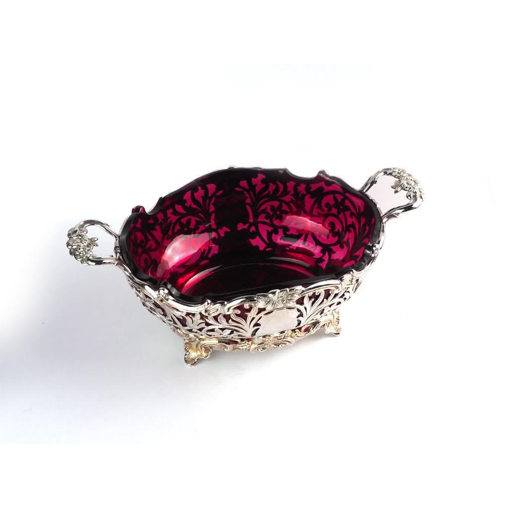 Silver Cranberry Glass-Lined Oval Ornate Bowl - Image 2