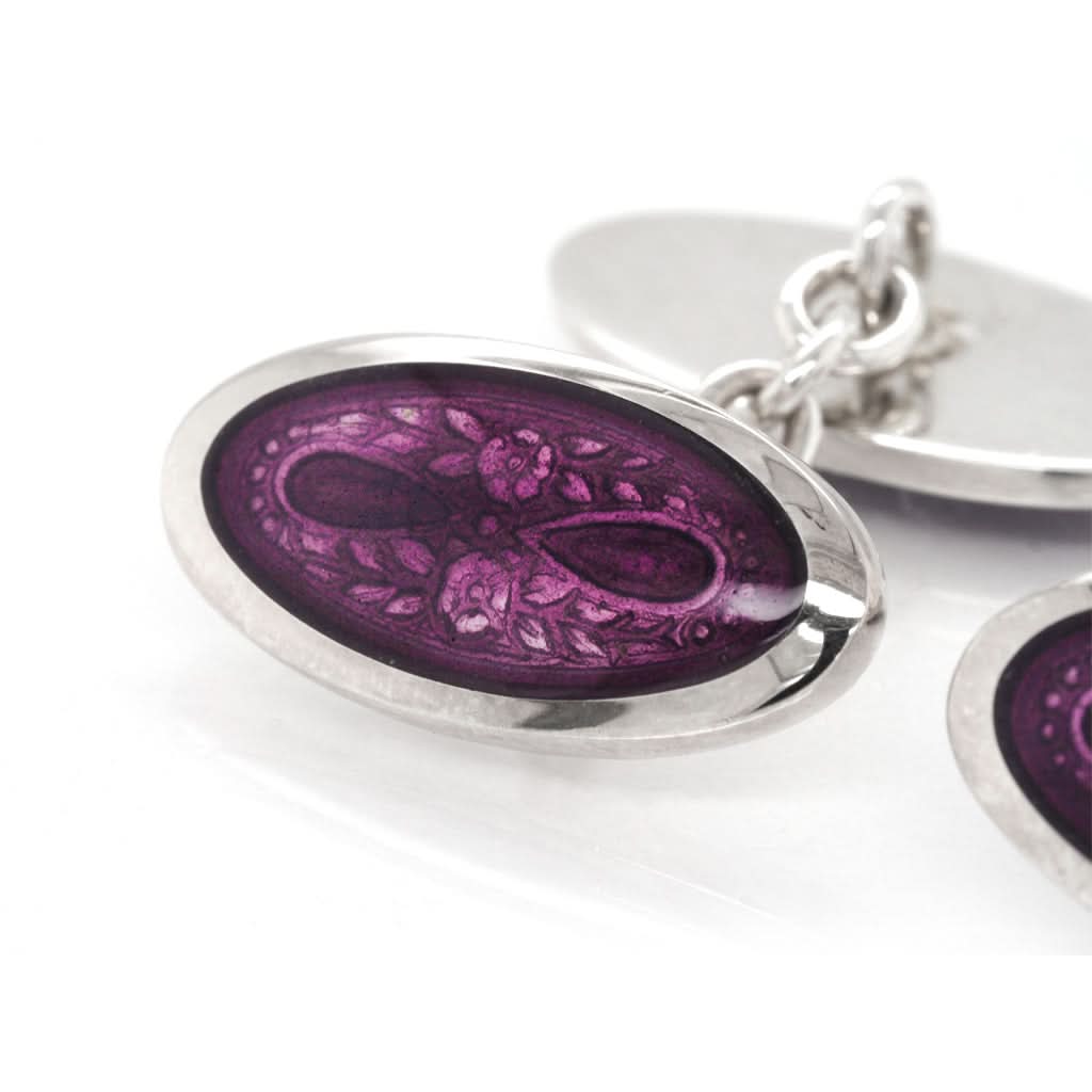 Silver Enamel Oval Purple Floral Design Cufflinks - Image 2