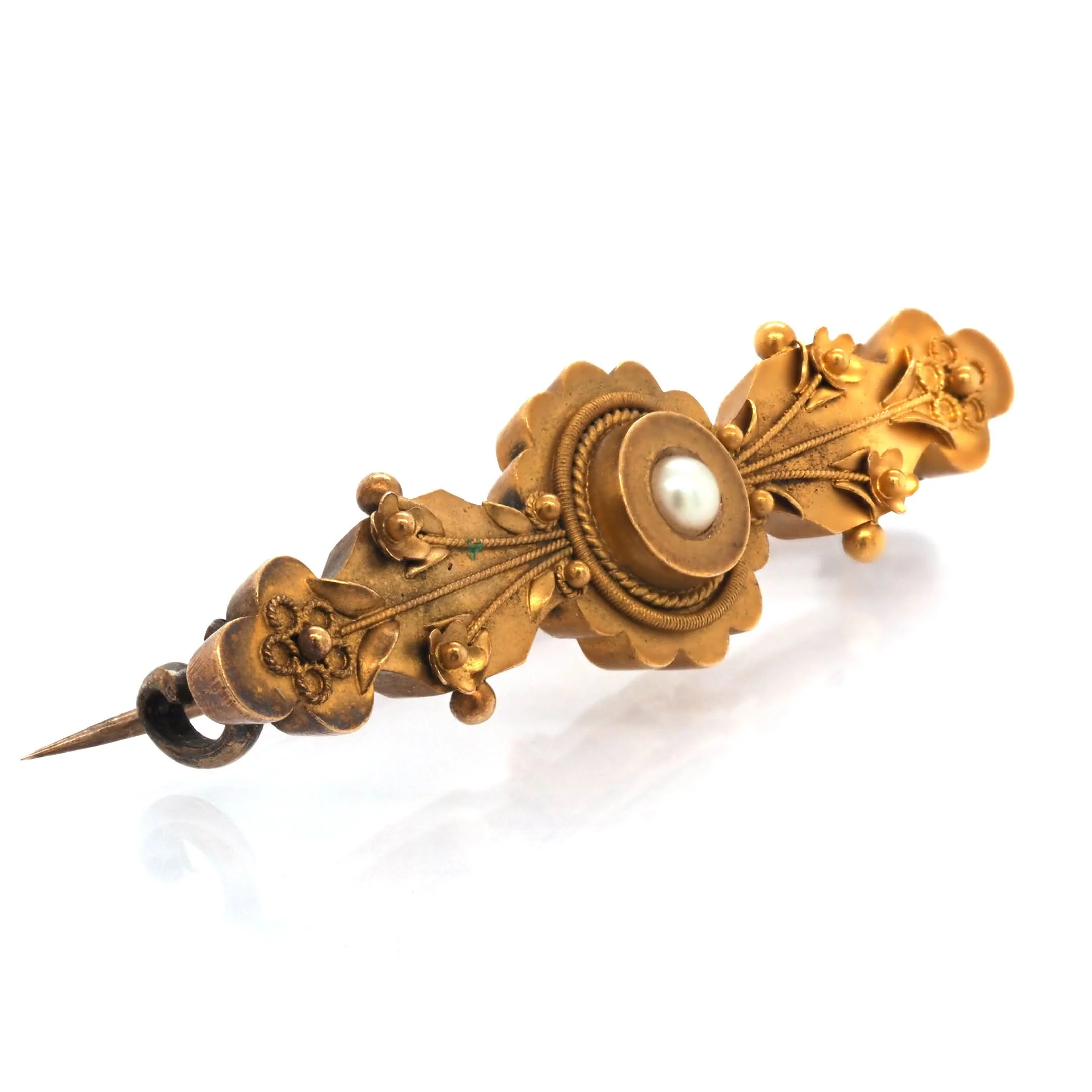 Victorian 15ct Yellow Gold Floral Pearl Brooch - Image 2