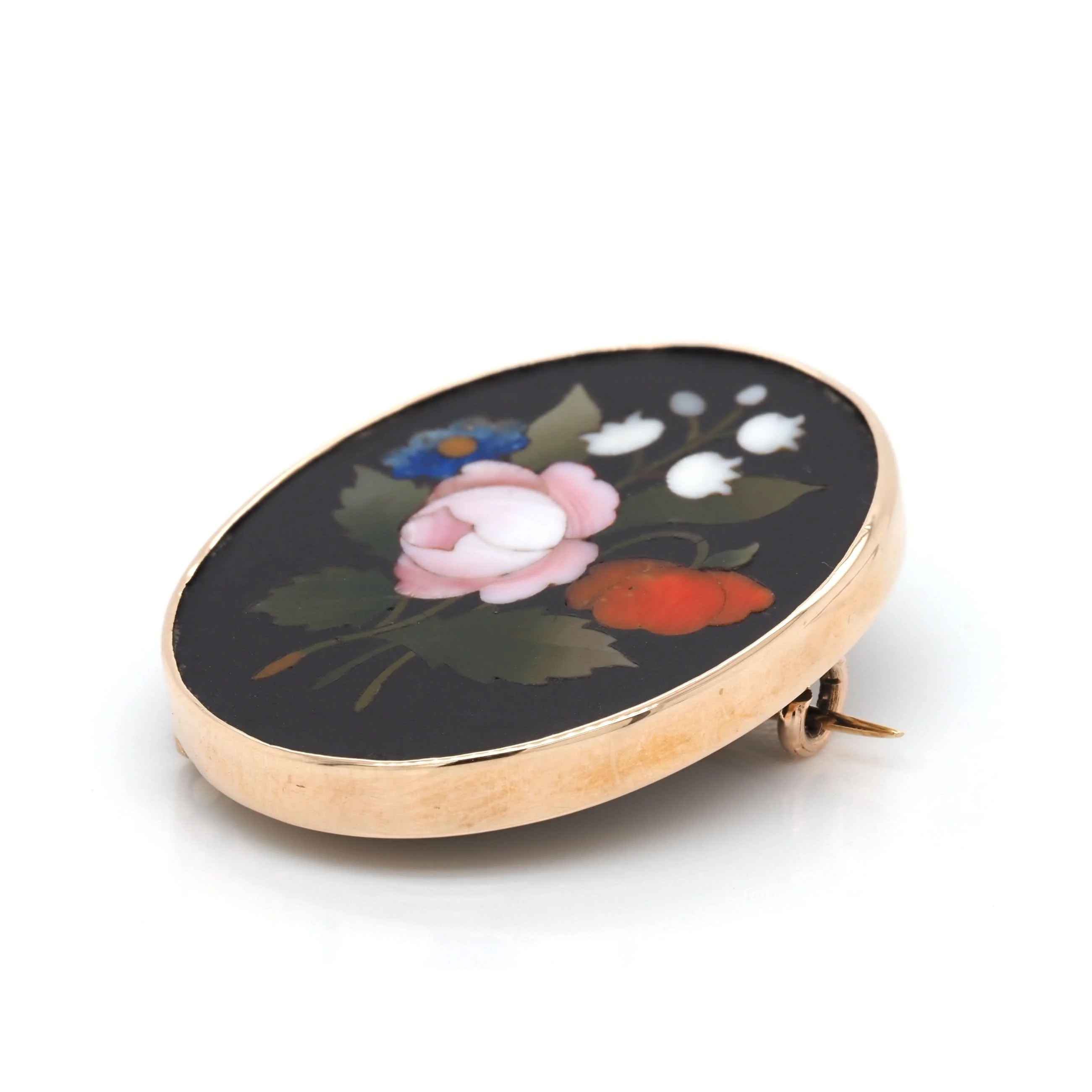 Victorian 9ct Yellow Gold Oval Pietra Dura Flower Brooch - Image 2