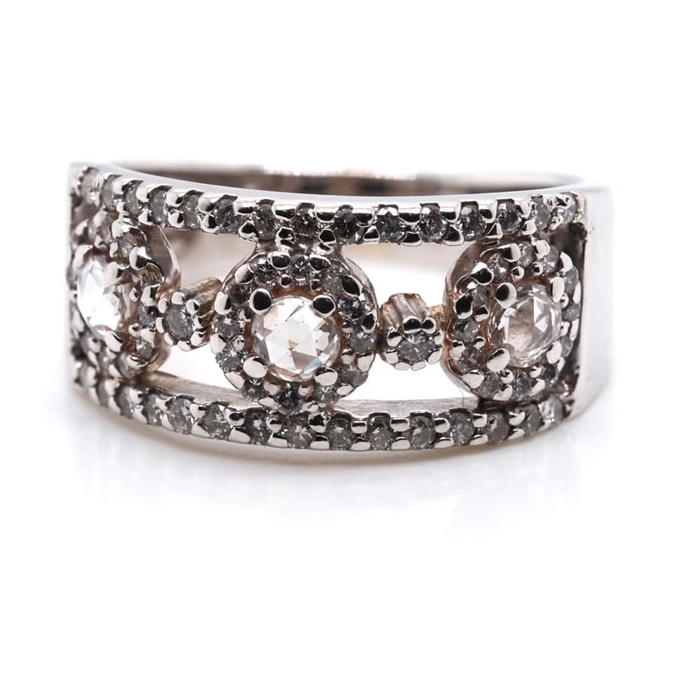 Vintage 9ct White Gold Open Ornate Dress Ring Set with 3 Rose Cut Diamonds and Brilliant Cut Diamond Surround - Image 3