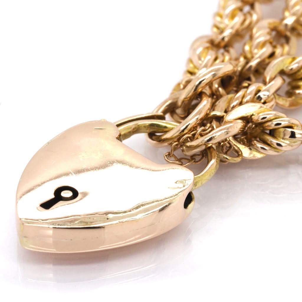 Vintage 9ct Yellow Gold Double Chain Link Bracelet with Heart Padlock - Image 2